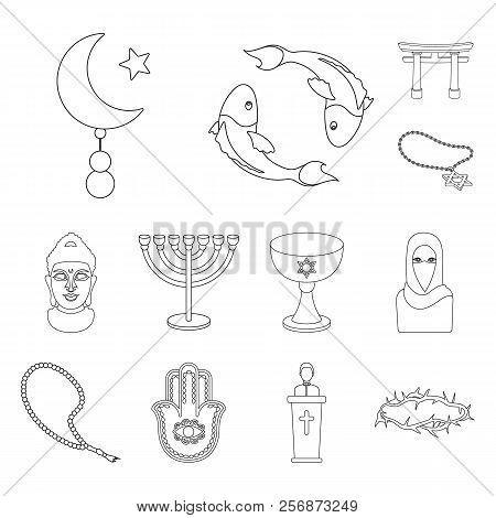 Religion And Belief Outline Icons In Set Collection For Design. Accessories, Prayer Vector Symbol St