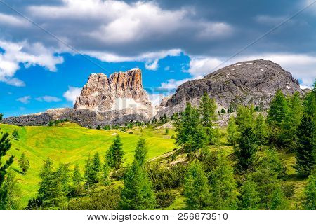 Beautiful Landscape In Summer Of Mount Averau Of The Italian Dolomites With The Green Grassy Field A