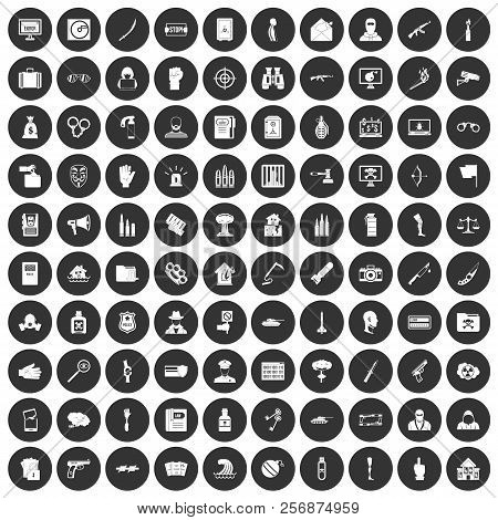 100 Violation Icons Set In Simple Style White On Black Circle Color Isolated On White Background Ill