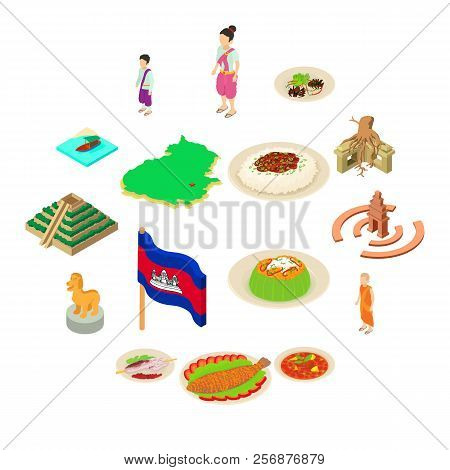 Cambodia Travel Icons Set. Isometric Illustration Of 16 Cambodia Travel Icons For Web