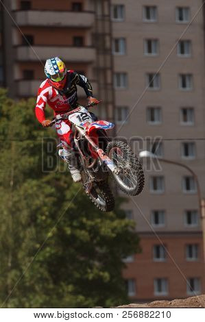ST. PETERSBURG, RUSSIA - SEPTEMBER 2, 2018: Athletes compete in third stage of Russian Supercross Championship. This stage is held on the motor racing track of DOSAAF in Saint Petersburg