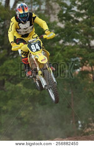 ST. PETERSBURG, RUSSIA - SEPTEMBER 2, 2018: Athletes compete in third stage of Russian Supercross Championship. This stage is held on the motor racing track of DOSAAF in Saint Petersburg