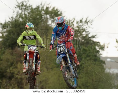 ST. PETERSBURG, RUSSIA - SEPTEMBER 2, 2018: Athletes compete in third stage of Russian Supercross Championship. This stage is held on the motor racing track of DOSAAF in Saint Petersburg