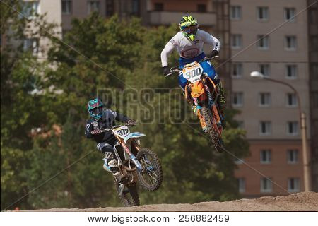 ST. PETERSBURG, RUSSIA - SEPTEMBER 2, 2018: Athletes compete in third stage of Russian Supercross Championship. This stage is held on the motor racing track of DOSAAF in Saint Petersburg