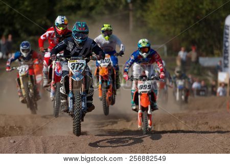 ST. PETERSBURG, RUSSIA - SEPTEMBER 2, 2018: Athletes compete in third stage of Russian Supercross Championship. This stage is held on the motor racing track of DOSAAF in Saint Petersburg