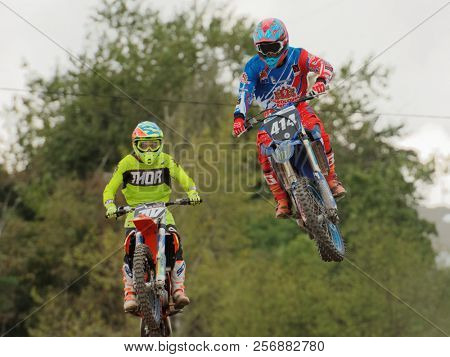 ST. PETERSBURG, RUSSIA - SEPTEMBER 2, 2018: Athletes compete in third stage of Russian Supercross Championship. This stage is held on the motor racing track of DOSAAF in Saint Petersburg