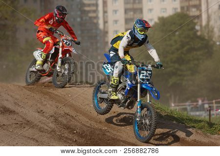 ST. PETERSBURG, RUSSIA - SEPTEMBER 2, 2018: Athletes compete in third stage of Russian Supercross Championship. This stage is held on the motor racing track of DOSAAF in Saint Petersburg