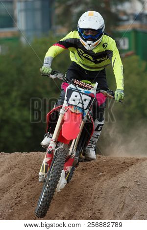 ST. PETERSBURG, RUSSIA - SEPTEMBER 2, 2018: Athletes compete in third stage of Russian Supercross Championship. This stage is held on the motor racing track of DOSAAF in Saint Petersburg