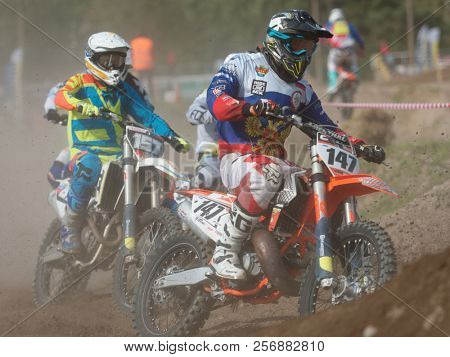 ST. PETERSBURG, RUSSIA - SEPTEMBER 2, 2018: Athletes compete in third stage of Russian Supercross Championship. This stage is held on the motor racing track of DOSAAF in Saint Petersburg