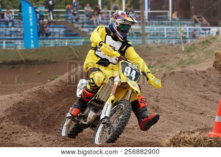 ST. PETERSBURG, RUSSIA - SEPTEMBER 2, 2018: Athletes compete in third stage of Russian Supercross Championship. This stage is held on the motor racing track of DOSAAF in Saint Petersburg