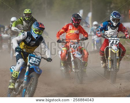 ST. PETERSBURG, RUSSIA - SEPTEMBER 2, 2018: Athletes compete in third stage of Russian Supercross Championship. This stage is held on the motor racing track of DOSAAF in Saint Petersburg