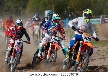 ST. PETERSBURG, RUSSIA - SEPTEMBER 2, 2018: Athletes compete in third stage of Russian Supercross Championship. This stage is held on the motor racing track of DOSAAF in Saint Petersburg