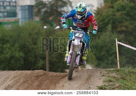 ST. PETERSBURG, RUSSIA - SEPTEMBER 2, 2018: Athletes compete in third stage of Russian Supercross Championship. This stage is held on the motor racing track of DOSAAF in Saint Petersburg