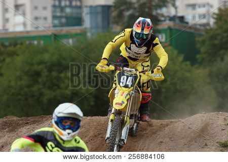 ST. PETERSBURG, RUSSIA - SEPTEMBER 2, 2018: Athletes compete in third stage of Russian Supercross Championship. This stage is held on the motor racing track of DOSAAF in Saint Petersburg
