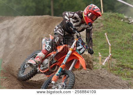 ST. PETERSBURG, RUSSIA - SEPTEMBER 2, 2018: Athletes compete in third stage of Russian Supercross Championship. This stage is held on the motor racing track of DOSAAF in Saint Petersburg