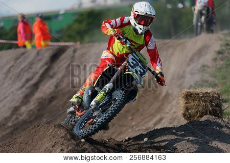 ST. PETERSBURG, RUSSIA - SEPTEMBER 2, 2018: Athletes compete in third stage of Russian Supercross Championship. This stage is held on the motor racing track of DOSAAF in Saint Petersburg