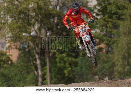 ST. PETERSBURG, RUSSIA - SEPTEMBER 2, 2018: Athletes compete in third stage of Russian Supercross Championship. This stage is held on the motor racing track of DOSAAF in Saint Petersburg