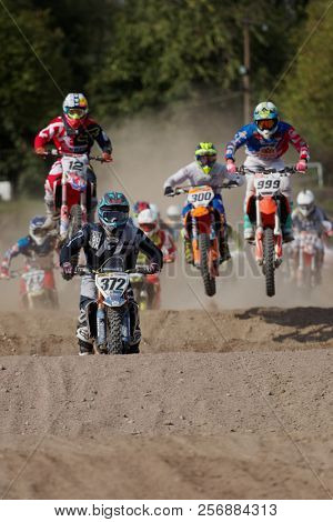 ST. PETERSBURG, RUSSIA - SEPTEMBER 2, 2018: Athletes compete in third stage of Russian Supercross Championship. This stage is held on the motor racing track of DOSAAF in Saint Petersburg
