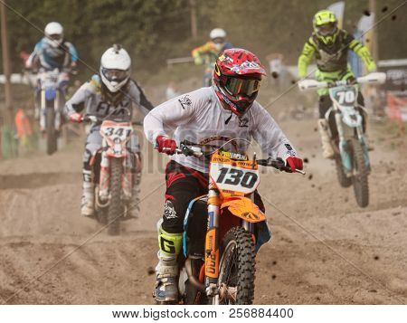 ST. PETERSBURG, RUSSIA - SEPTEMBER 2, 2018: Athletes compete in third stage of Russian Supercross Championship. This stage is held on the motor racing track of DOSAAF in Saint Petersburg
