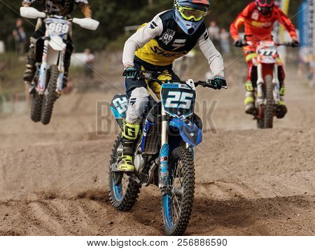 ST. PETERSBURG, RUSSIA - SEPTEMBER 2, 2018: Athletes compete in third stage of Russian Supercross Championship. This stage is held on the motor racing track of DOSAAF in Saint Petersburg