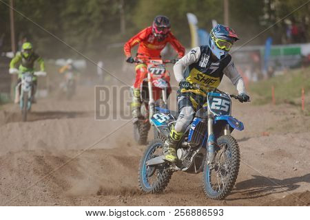 ST. PETERSBURG, RUSSIA - SEPTEMBER 2, 2018: Athletes compete in third stage of Russian Supercross Championship. This stage is held on the motor racing track of DOSAAF in Saint Petersburg