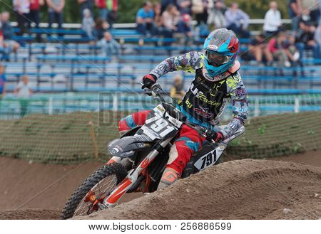 ST. PETERSBURG, RUSSIA - SEPTEMBER 2, 2018: Athletes compete in third stage of Russian Supercross Championship. This stage is held on the motor racing track of DOSAAF in Saint Petersburg