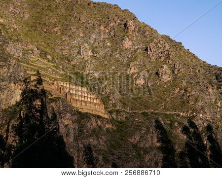 Pinkuylluna, Inca Storehouses At Ollantaytambo Archaeological Site At Cuzco Province, Peru