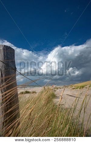 Beautiful Picture With A View Over The Dutch Coast Strip With Sand Dunes, Wide Beaches And A Sunny, 