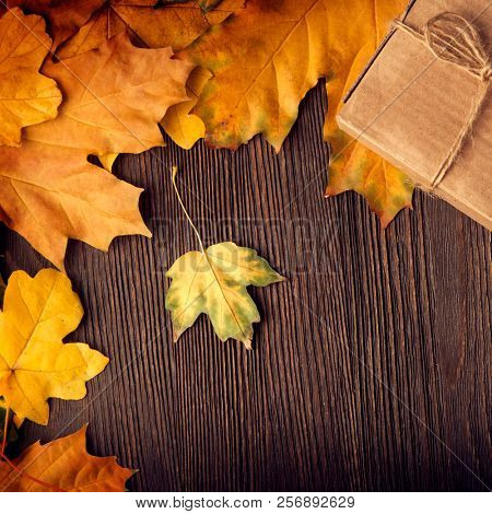 cardboard box tied with string on a bow on a wooden background in autumn leaves, holiday gift on Thanksgiving Hellouin. view from the top. copy space