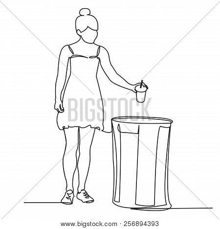 Continuous Single Drawn One Line Traditional Girl Throws Garbage Hand-drawn Picture Silhouette. Line