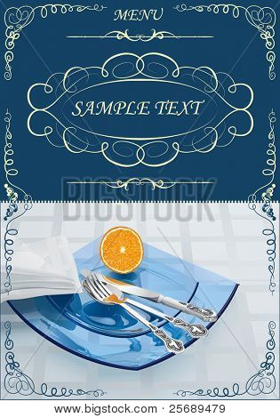 Cuchillo de plata que ilustra de menú, tenedor y cuchara en placas de vidrio azul y la mitad de una naranja - vector