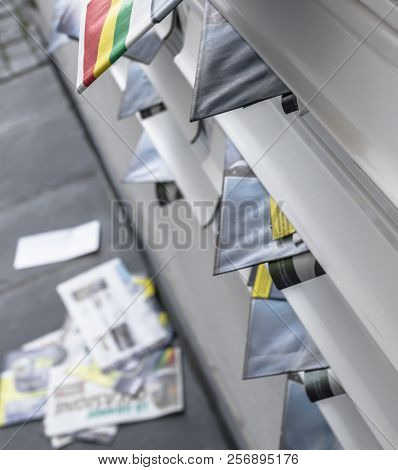 Modern Metal Mail Boxes, Overfull Of Leaflets; Some Have Fallen On The Ground. Ideal For Concepts. S
