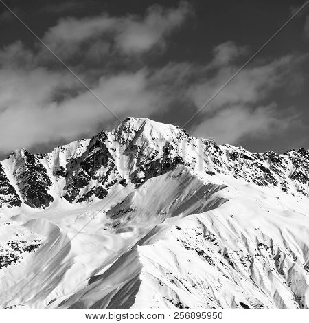 Black And White Snow Mountain Peak At Sunny Day. View From Chair Lift On Hatsvali, Svaneti Region Of