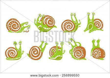 Cute Snail Character Set, Funny Mollusk With Different Emotions Colorful Hand Drawn Vector Illustrat