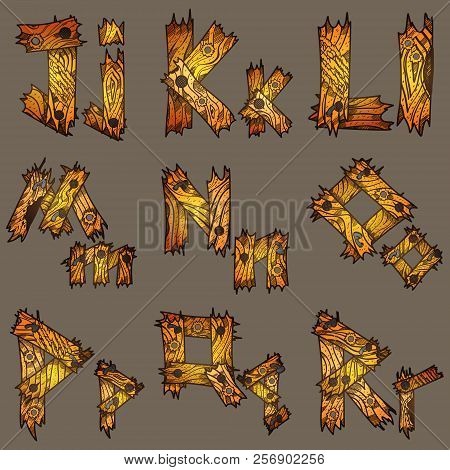 English Alphabet From Pieces Of Wood. The Original Font Design Of The Pieces Of Plywood.