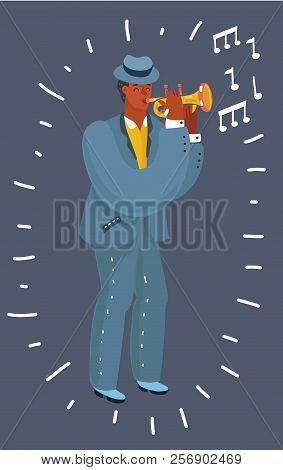 African American Trumpet Player Playing Music. Man Wearing Solid Suit And Hat. Vector Cartoon Illust