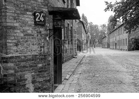 Oswiecim, Poland - July 11th 2018. Building Block 24a In The Auschwitz Concentration Camp In Poland