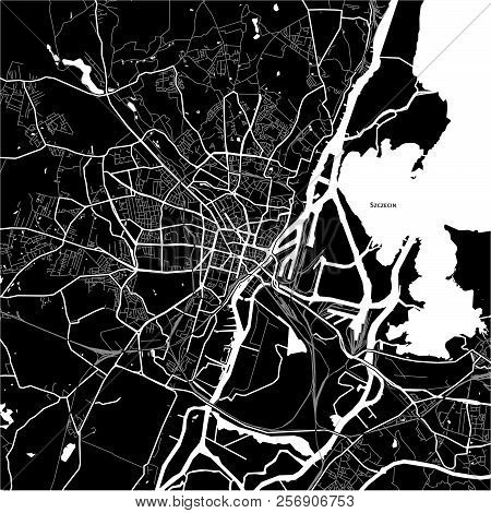 Area Map Of Szczecin, Poland. Dark Background Version For Infographic And Marketing Projects.