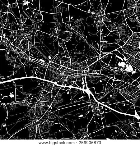 Area Map Of Katowice, Poland. Dark Background Version For Infographic And Marketing Projects.