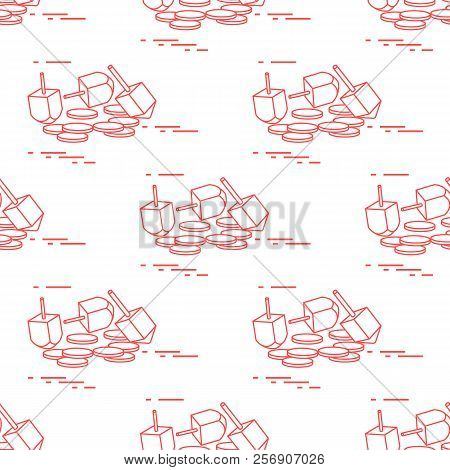 Seamless Pattern With Dreidel, Sevivon, Coins. Jewish Holiday Hanukkah. Child Game.