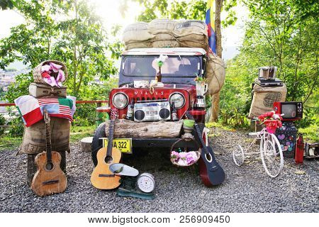 SALENTO, COCORA VALLEY, AUGUST 17, 2018: Jeep Willys on Cocora valley in Cordiliera Central, Salento, Colombia, South America