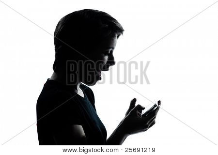 한 백인 젊은 십 대 실루엣 소녀 전화 화상 비디오 게임 초상화 스튜디오 컷