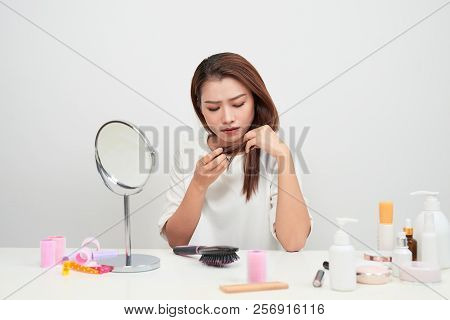 Woman With Damaged Hair. Woman With Hair Problems - Brittle, Damaged, Dry, Dirty And Loss Hair Conce