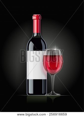 Red Wine Bottle And Wineglass. Concept Design For Wines Menu On Dark Background. Drink Card. Bottled