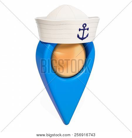 Map Pointer With Navy Sailor Hat, 3d Rendering Isolated On White Background