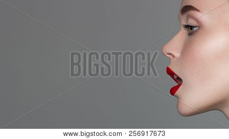 Perfect Smile. Sexy Lips. Beauty Red Lip Makeup Detail. Beautiful Make-up Closeup. Sensual Open Mout