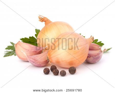 Zwiebel und Knoblauch, Gewürznelke isolierten auf weißen Hintergrund