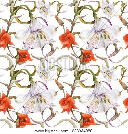 Modern Botanical Watercolor. Floral  Seamless Pattern By Alstroemeria And Calochortus, White And Red