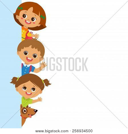 Childhood Is The Safest Period Of Human Life. Smiling Cute Kids Behind Vertical Banner Vector. Group