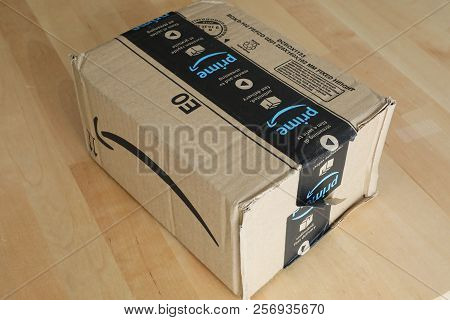 Roquebrune-cap-martin, France, September 5, 2018: Amazon Package Box Cardboard Delivery From Amazon 